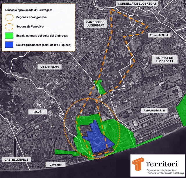 Plano publicado en la web TERRITORI con las posibles ubicaciones del EuroVegas publicadas en la prensa (16 Marzo 2012)